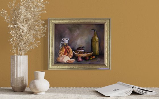 Hearty Delicious Olives Original Oil Painting. 11x14 Silver Frame