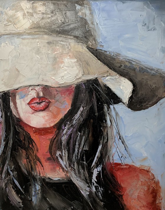 White hat. Woman Lips Portrait. Palette knife, Impasto.