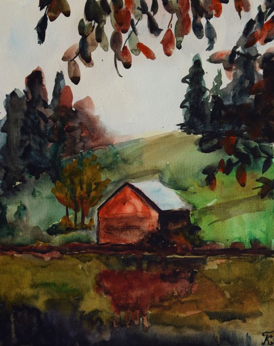 Watercolor painting Autumn House