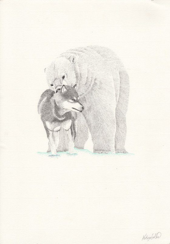 Winter - Polar bear and snow dog stippling drawing