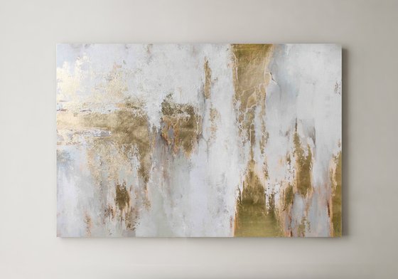 "Cascade 8" White and gold leaf abstract art
