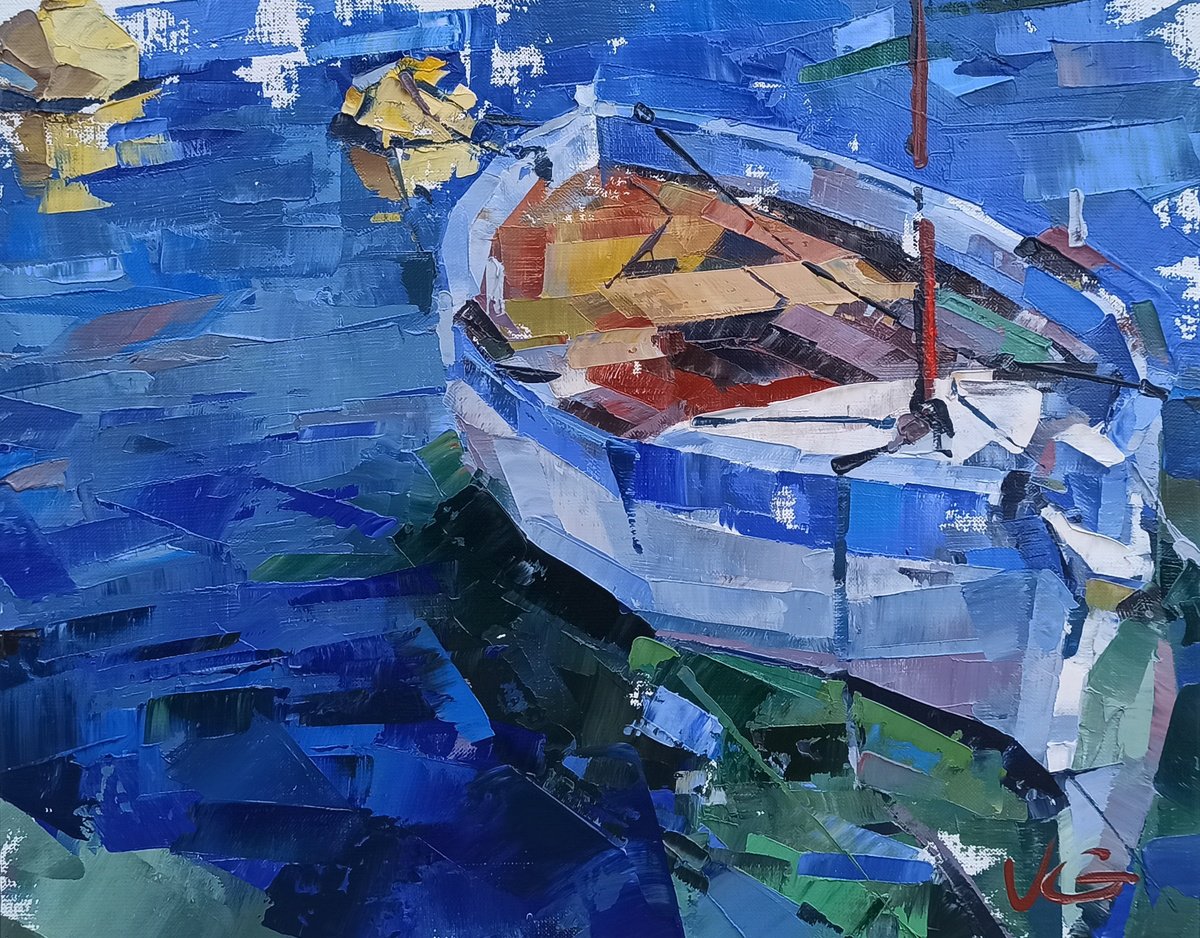 Seascape EMERALD original oil painting, snow-white boat in the marina by Volodymyr Glukhomanyuk