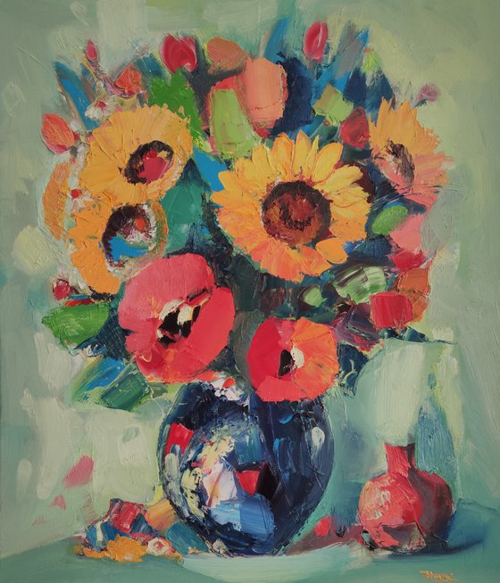 Still life with flowers and pomegranate (60x70cm, oil painting,  ready to hang)