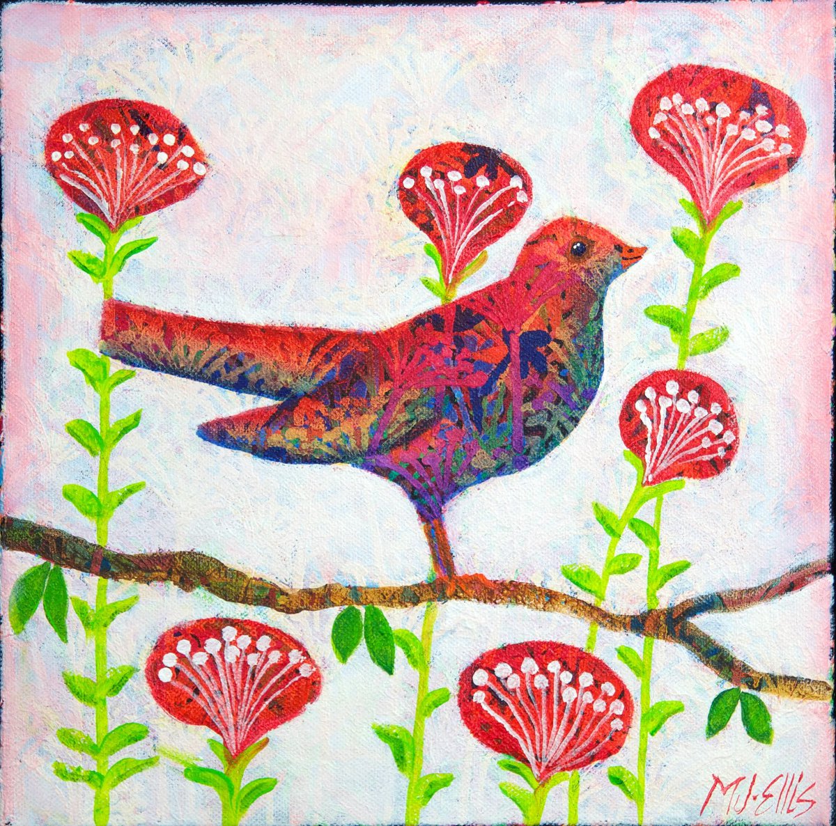 Happiness Bird, acrylic on ready to hang canvas by Mariann Johansen-Ellis