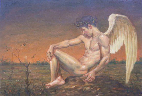 ORIGINAL OIL PAINTING NUDE ART ANGEL OF MALE NUDE ON LINEN#16-7-21