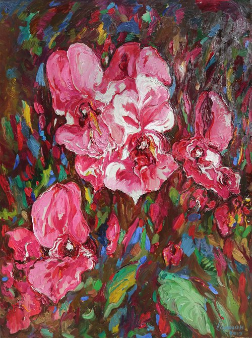 ORCHIDS -  XXL Large Floral Art - easel original oil painting for sale  - flower big panel purple pink nature office interior home decor, 200x150 by Karakhan