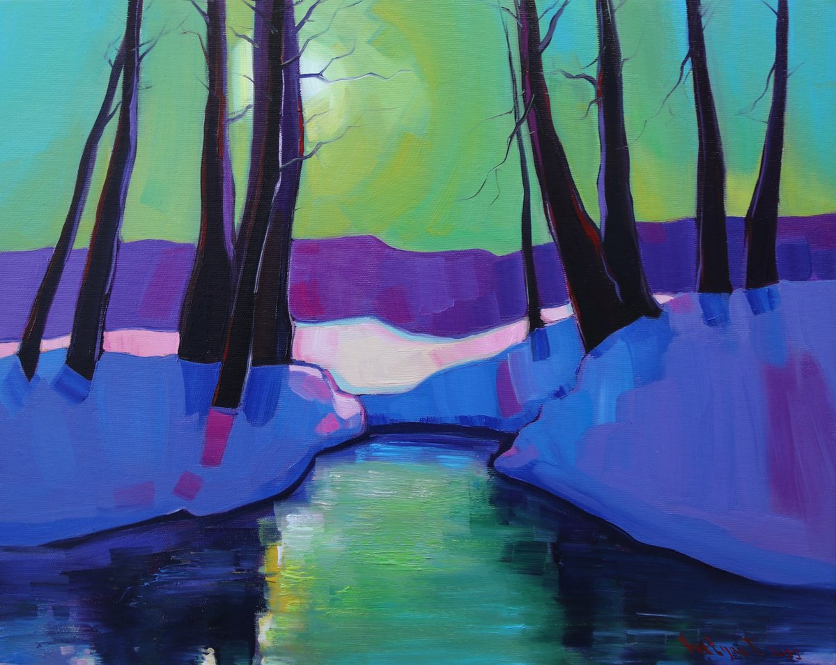 Expressive Landscape Oil Painting By Tigran Avetyan, 20 X 16", Winter Evening, Original Artwork