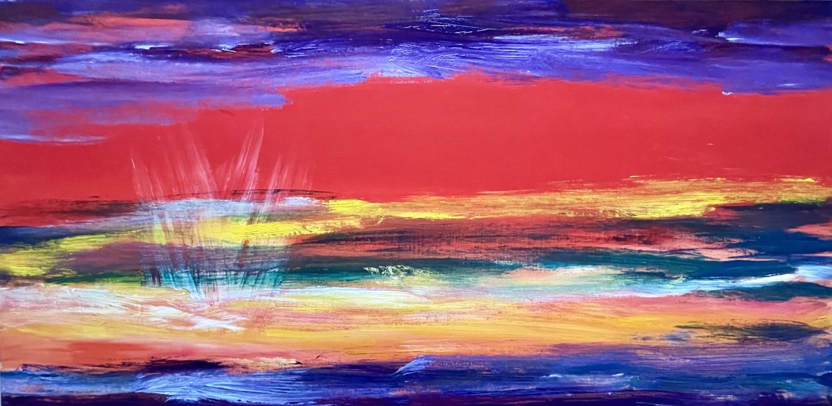 Abstract Landscape Acrylic Painting By Tiny De Bruin, 47 X 24", Sunset Of Africa, Original Artwork