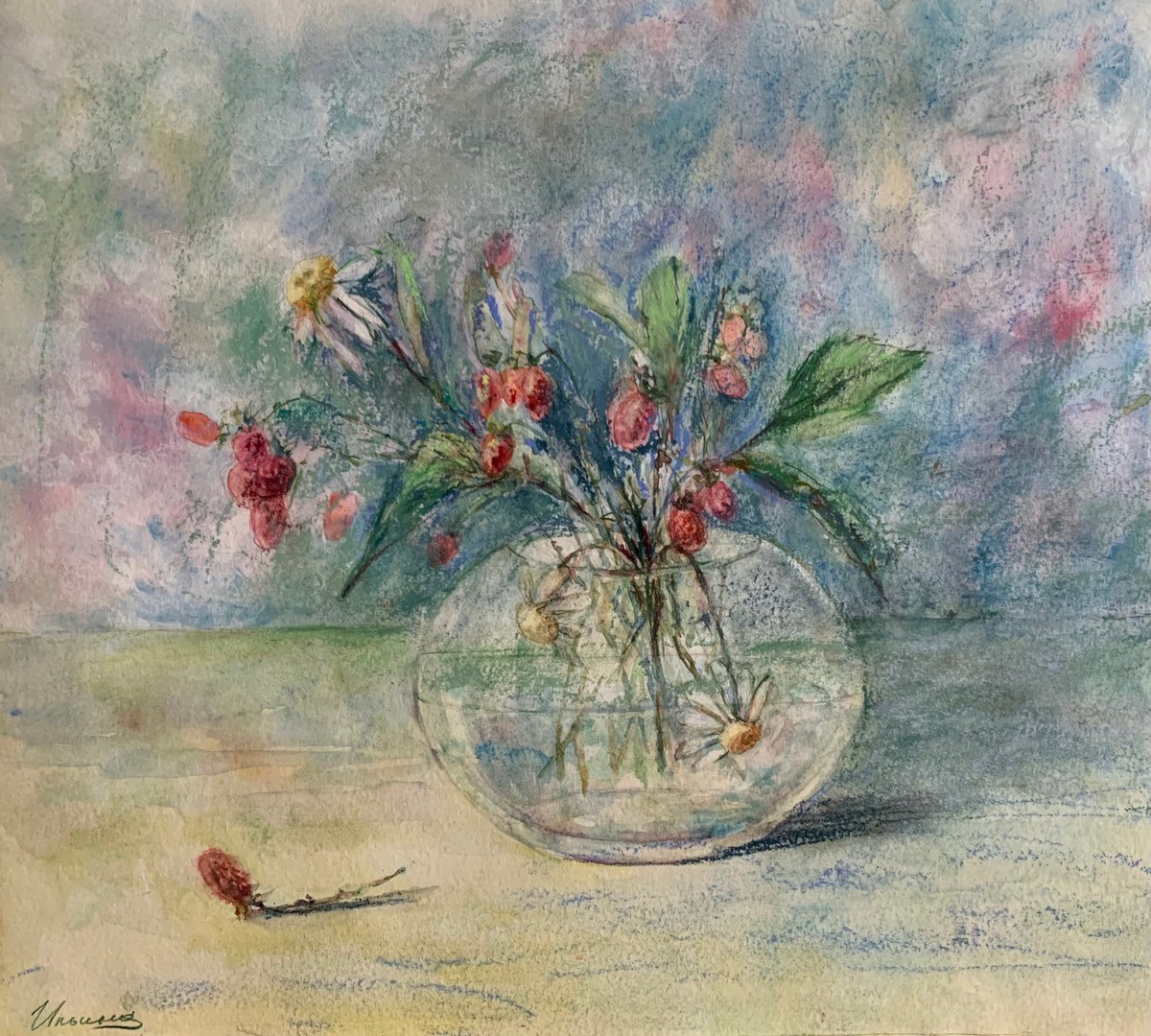 LOVELY BOUQUET - Pastel and watercolor drawing on paper, original gift, summer, blue decor... by Tatsiana Ilyina