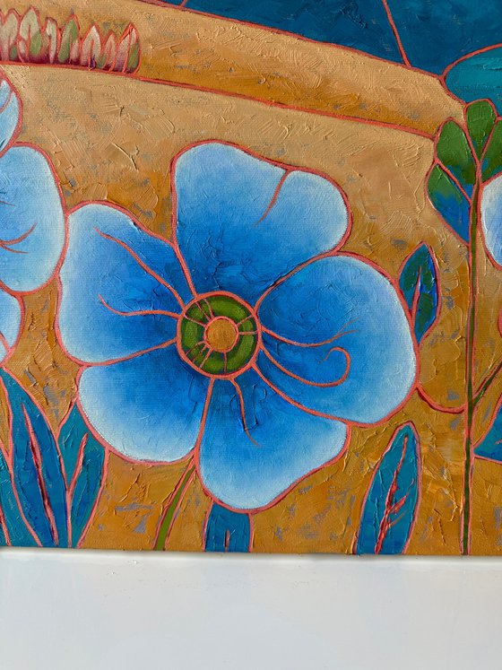 Blue poppies and mountain