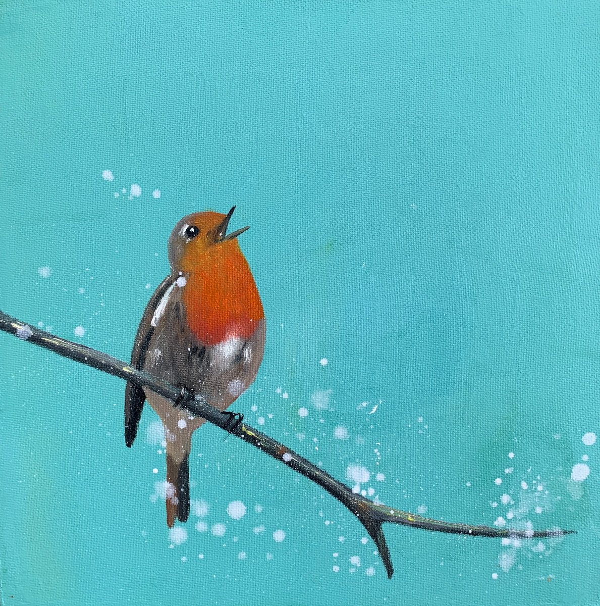 Impressionistic Animal Painting By Laure Bury, 12 X 12", Singing Robin, Original Artwork