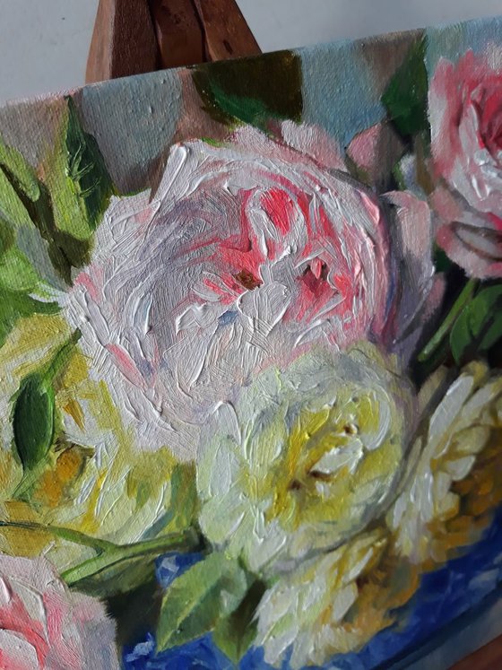 Roses love, floral oil painting on canvas, yellow pink roses in a blue vase