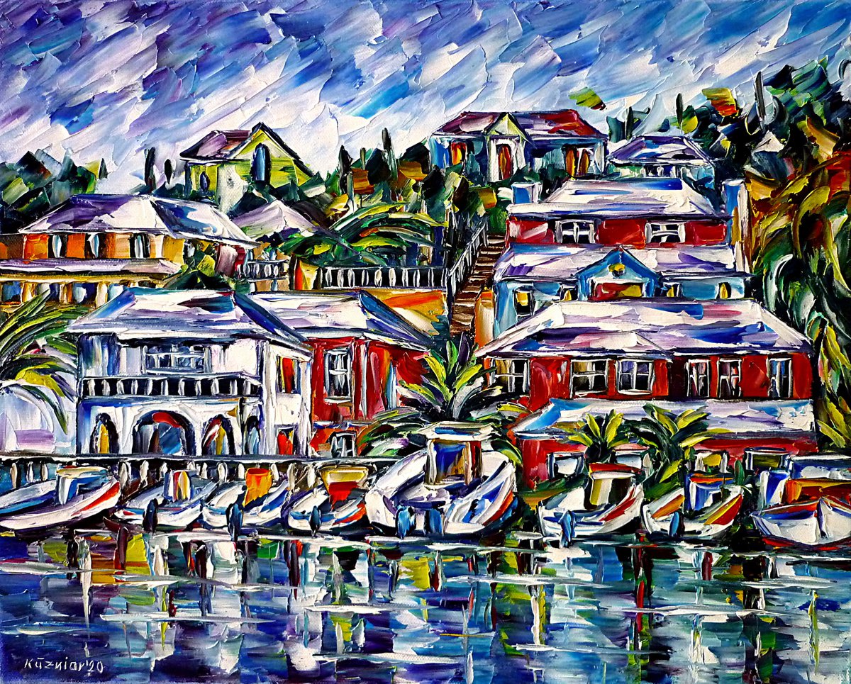 Expressive Cityscapes Oil Painting By Mirek Kuzniar, 20 X 16", The Houses Of Bermuda, Original Artwork
