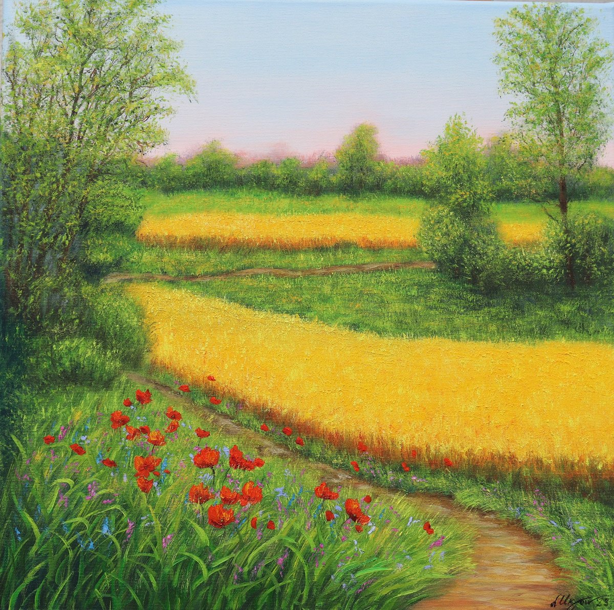 Photorealistic Landscape Oil Painting By Ludmilla Ukrow, 20 X 20", Country Field, Original Artwork