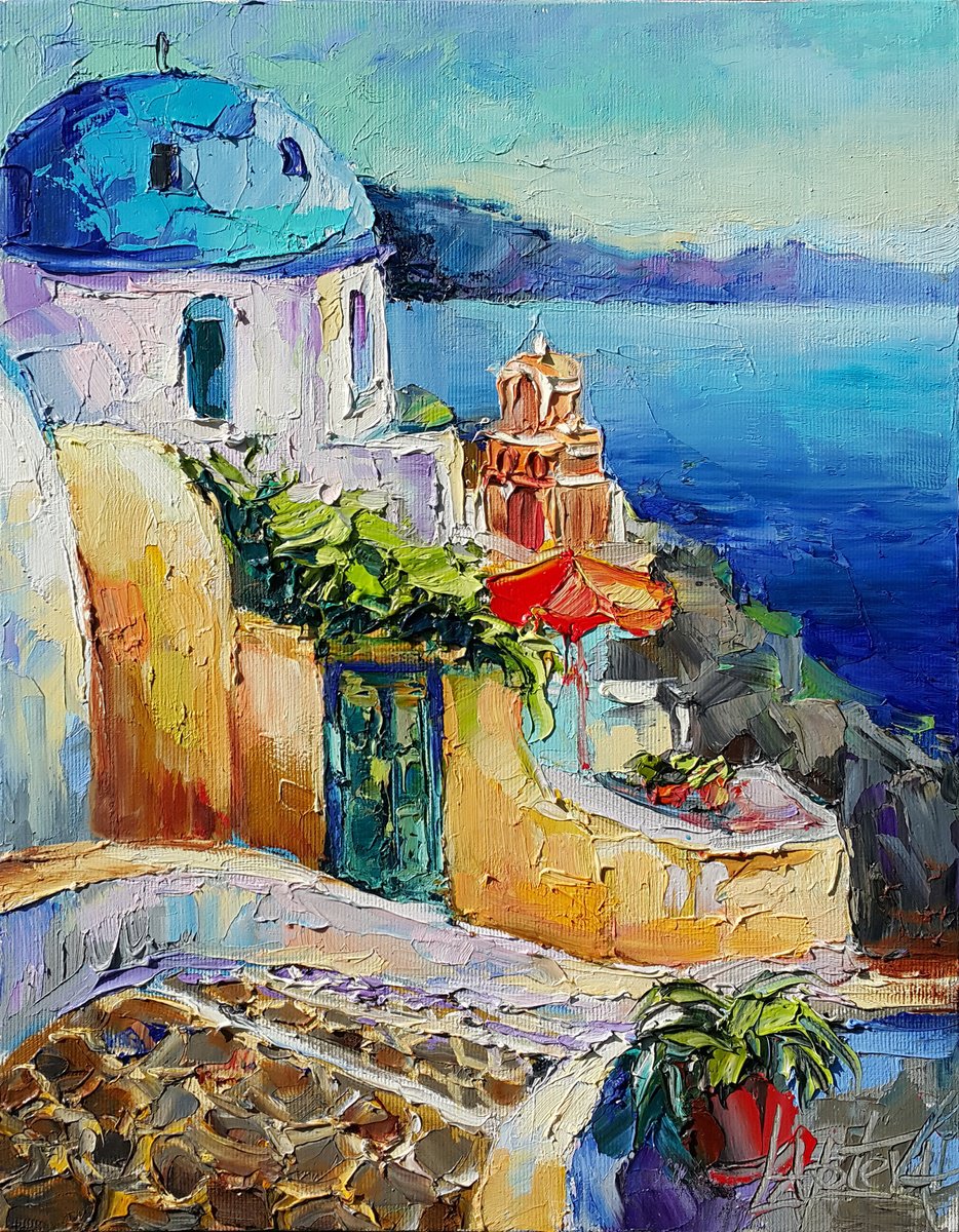 Impressionistic Landscape Oil Painting By Viktoria Lapteva, 10 X 13", Santorini Thira, Original Artwork