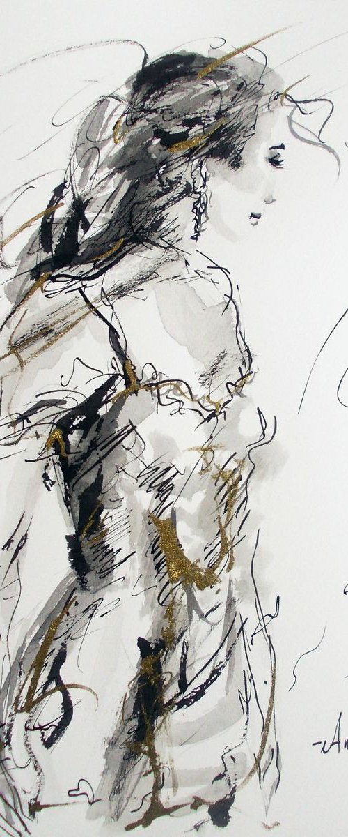 Figurative  Drawing  On Paper-Woman Series Ink Drawings by Antigoni Tziora