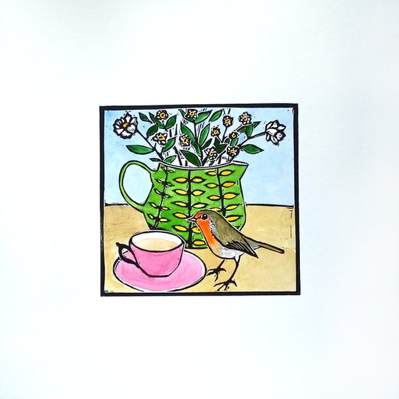 Mr Robin comes to tea linocut