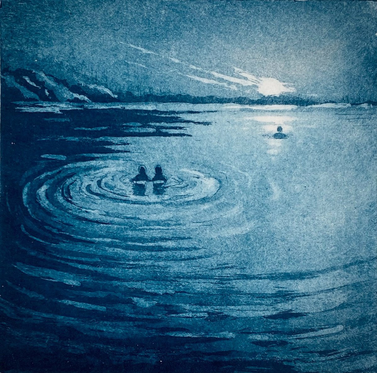 Illustrative Landscape Etchings & Engravings By Rebecca Denton, 7 X 7", Evening Lake Swimmers, Original Artwork