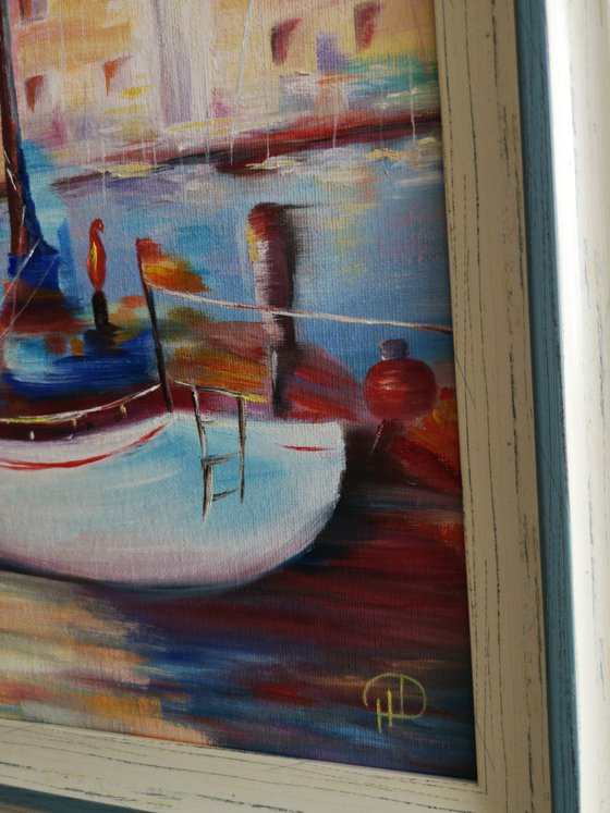 By the Pier, oil painting, original gift, home decor, Bedroom, Living Room, Red, Blue, Italy, Travel, Romance, Yachts, Breeze, Regatta