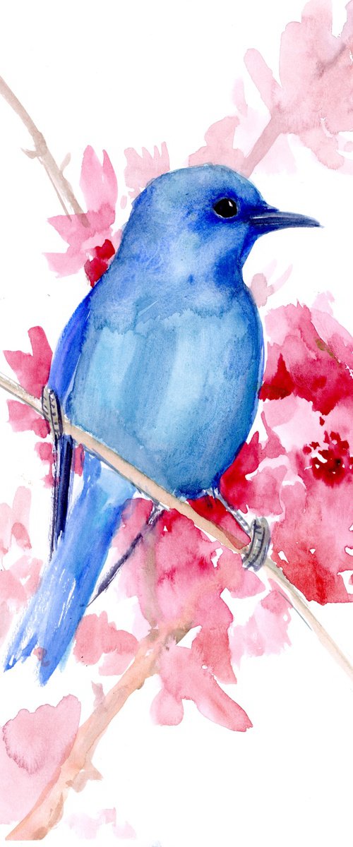 Mountain Bluebird and Spring Flowers by Suren Nersisyan