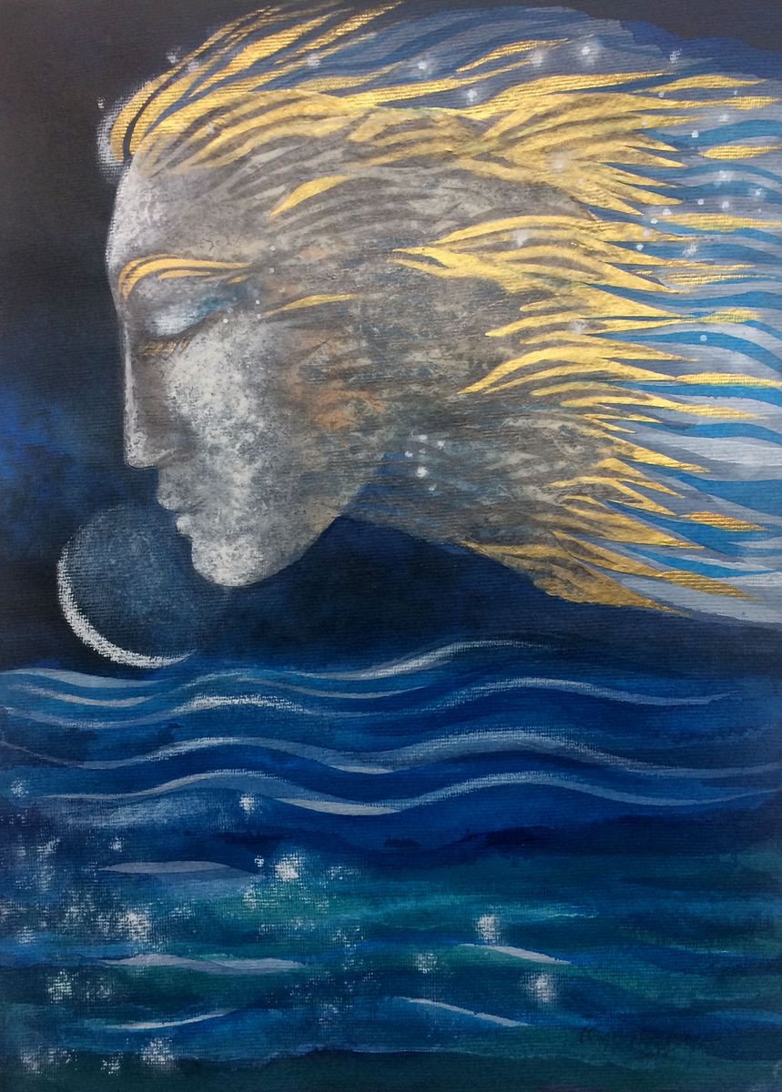 Venus and Moon over Blue Water by Phyllis Mahon