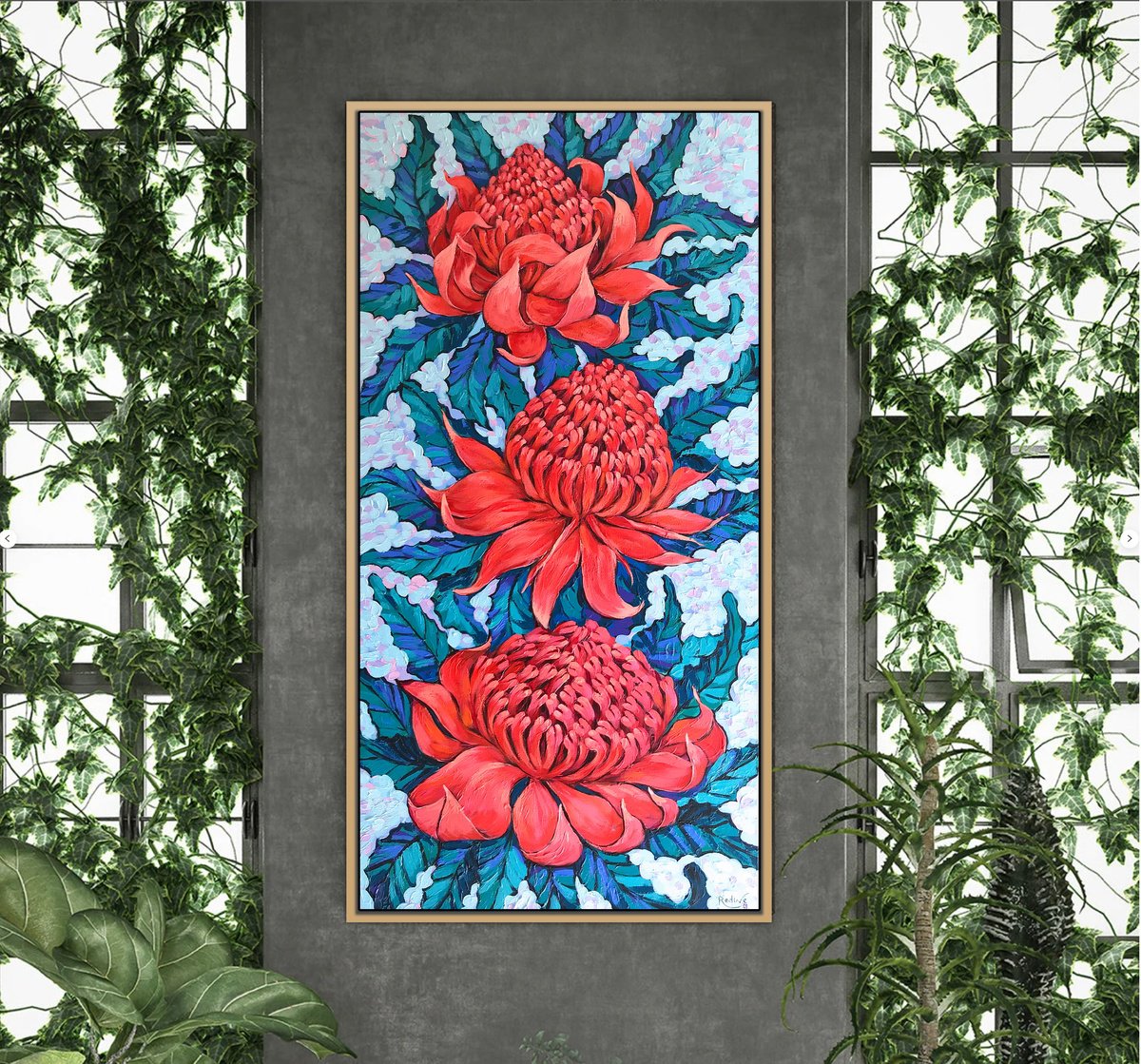 Impressionistic Botanical Acrylic Painting By Irina Redine, 18 X 36, Red Waratah, Original Artwork