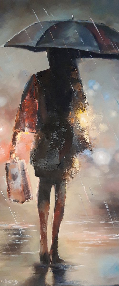 Rain City Umbrella Girl Under Umbrella Urban Landscape by Natalia Langenberg