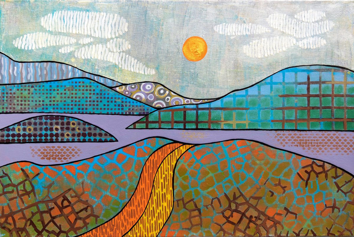 Geometric Landscape Acrylic Painting By Ariadna De Raadt, 24 X 16, Touching Of The Sun 10, Original Artwork