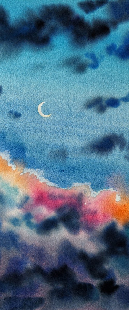 New moon - original watercolor sky and clouds painting by Delnara El