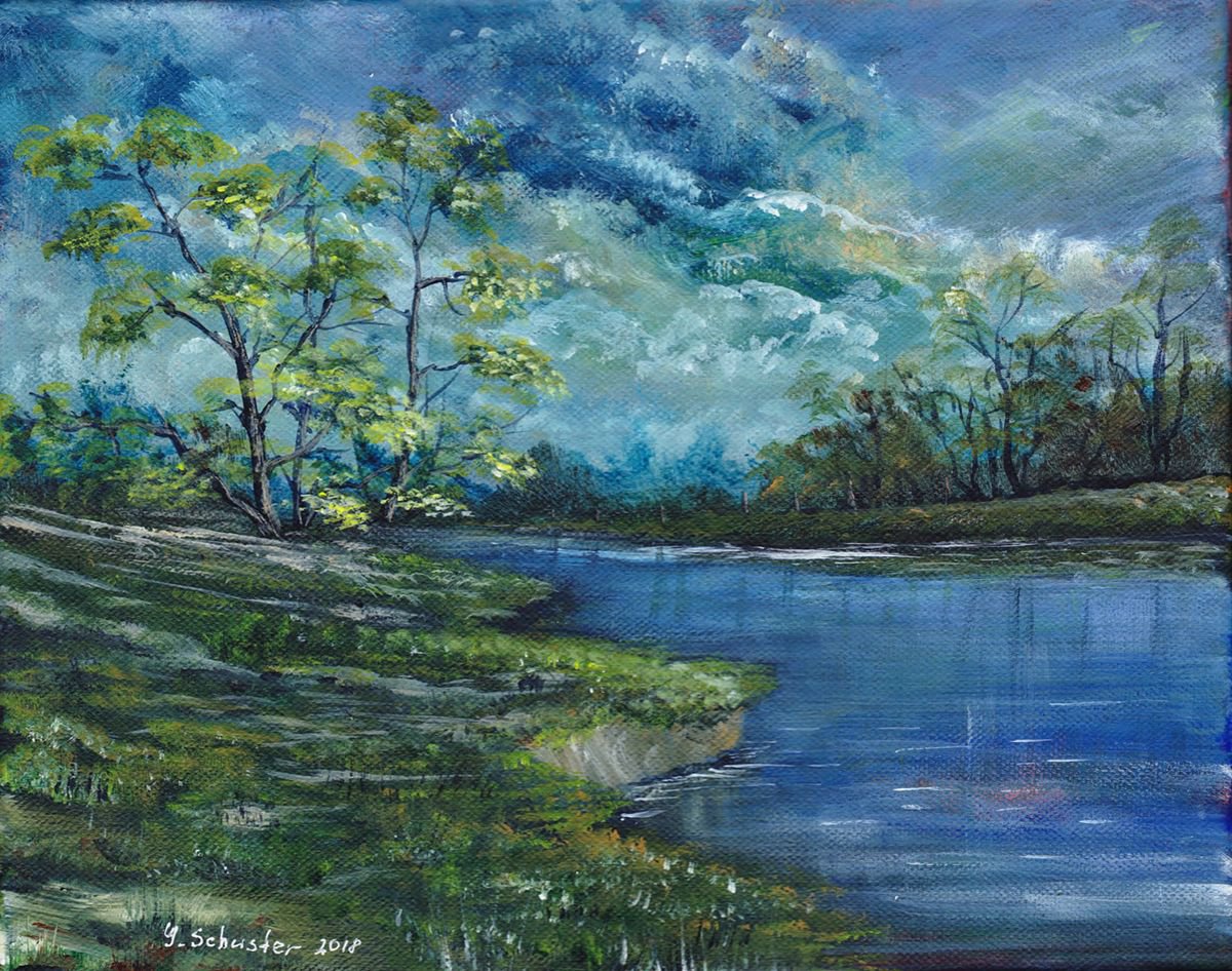 Impressionistic Landscape Acrylic Painting By Yulia Schuster, 12 X 9", Before The Storm, Original Artwork