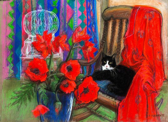 Black cat with Poppies