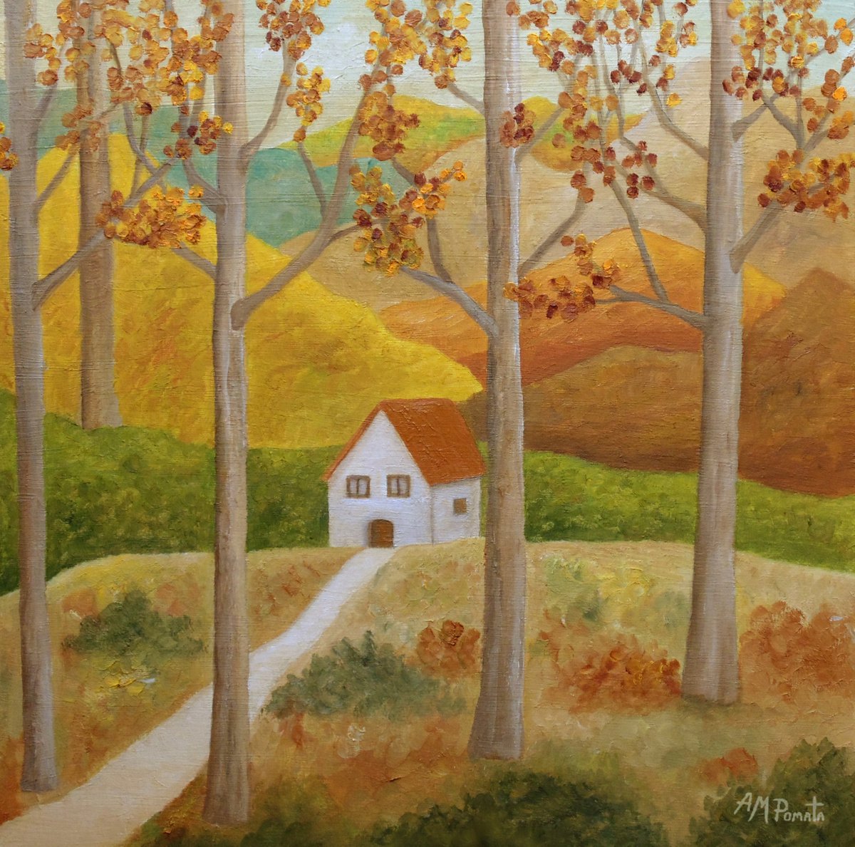 Impressionistic Landscape Oil Painting By Angeles M. Pomata, 12 X 12, Nuances Of Autumn, Original Artwork