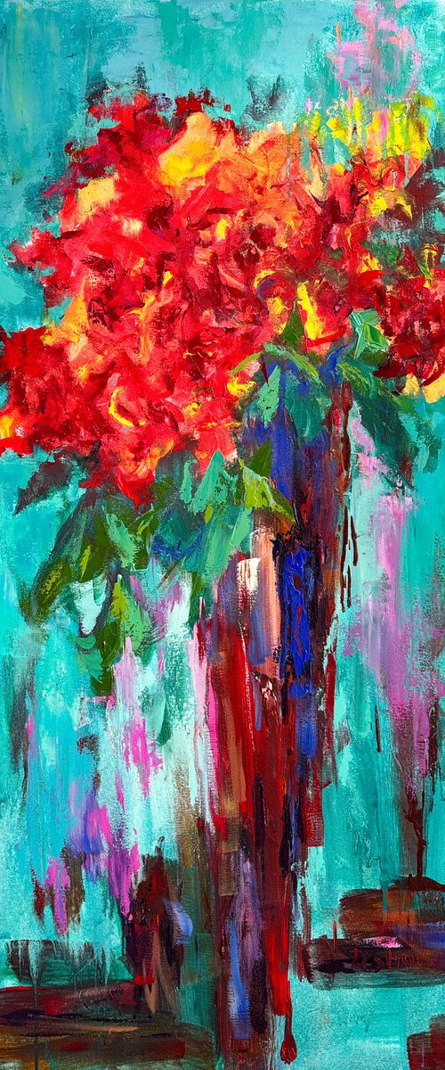 Red Roses on Emerald - Garden Fire by Vitaly Leshukov Soldatov