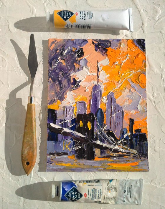 NYC Painting Cityscape Original Art New York Small Oil Impasto Pallete Knife Artwork Home Wall Art 6 by 8" by Halyna Kirichenko