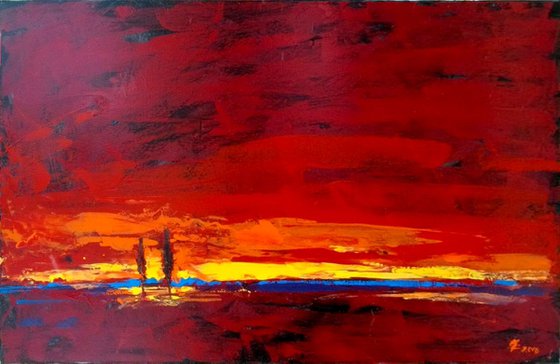 World Of Sky. Burgundy sunset 90X60 original oil.