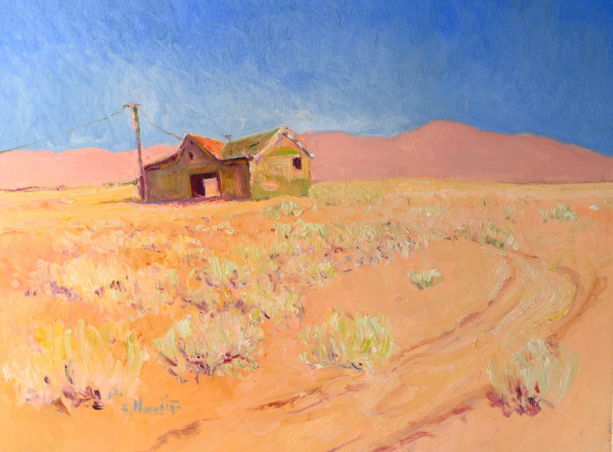 Expressive Landscape Oil Painting By Suren Nersisyan, 24 X 18", Abandoned Ranch, Desert, Original Artwork