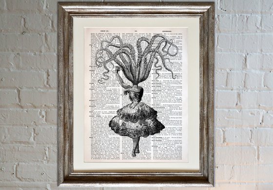 Octopus Flamenco Dancer - Collage Art Print on Large Real English Dictionary Vintage Book Page