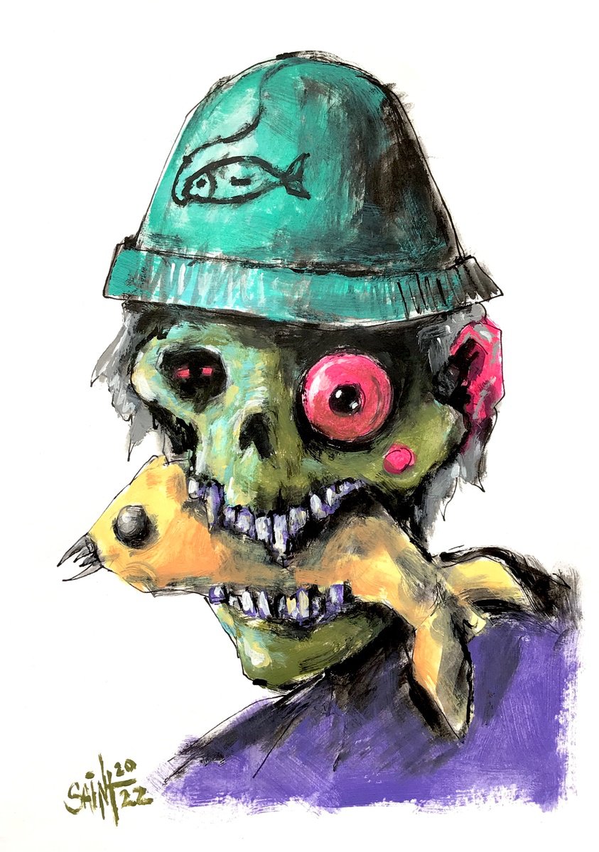 #66 Fisherman Zombie portrait painting original art, Horror Naive Outsider Folk Art Brut S... by Ruslan Aksenov