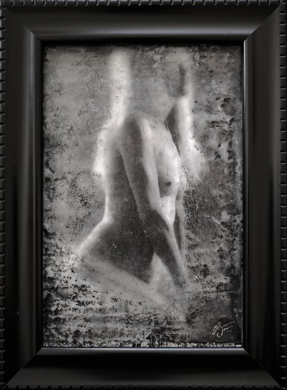 Yearning - Female Nude Framed 4" x 6" B&W Wax Mixed Media Art by Roseanne Jones