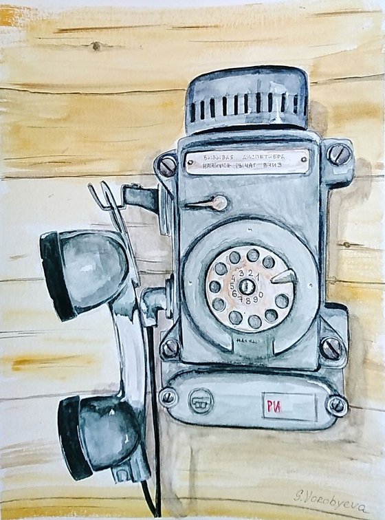 Phone. Watercolor painting on paper.