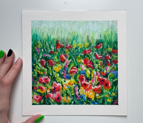 Flowers Original Oil Pastel Painting, Poppy Field Drawing, Cottagecore Decor, Gifts for Her, Floral Wall Art
