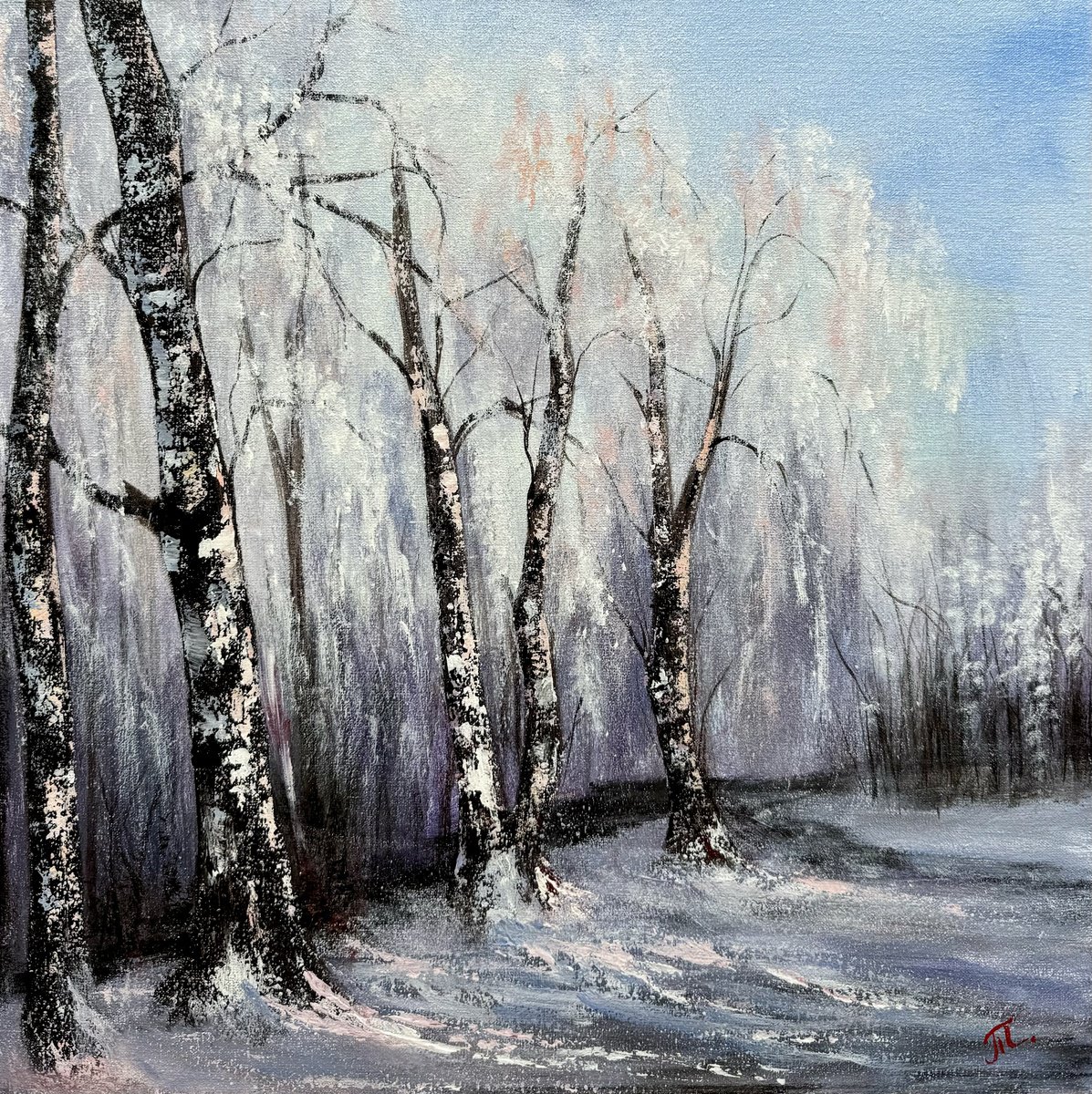 Impressionistic Landscape Acrylic Painting By Tanja Frost, 16 X 16", Silvery Symphony, Original Artwork