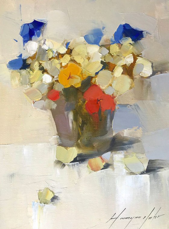 Vase of Pansies, Oil painting by Palette Knife, One of a kind, Handmade artwork