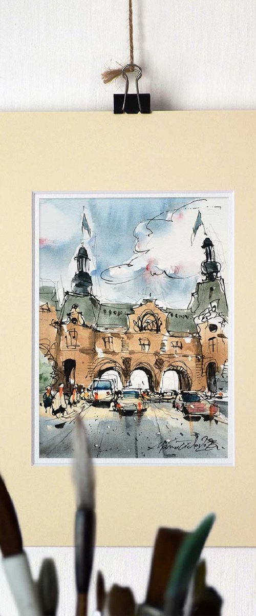 Paris street scene painted with ink and watercolor on paper. by Marin Victor