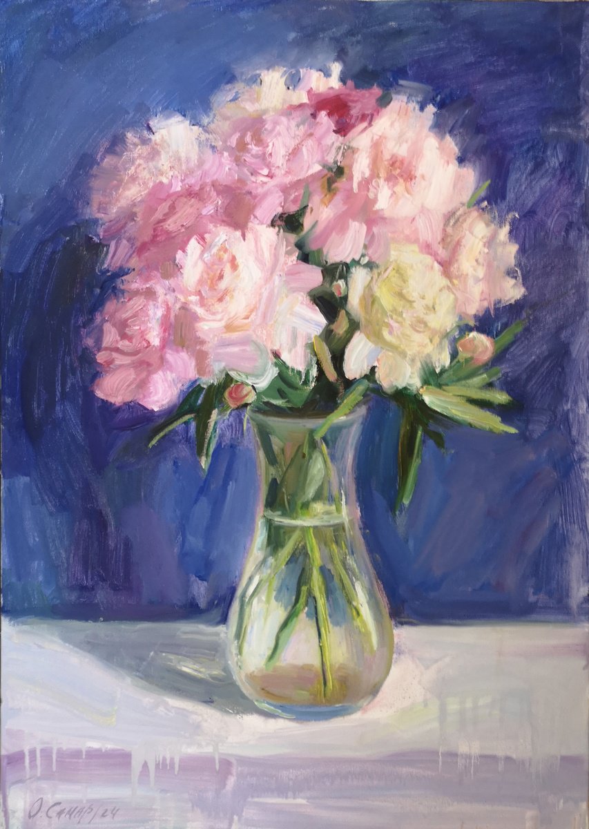 Expressive Still Life Oil Painting By Olga Samar, 20 X 28", Peonies On A Blue Background, Original Artwork
