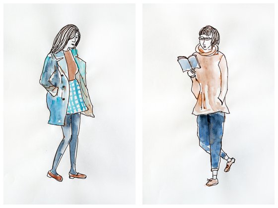 Set of 2 sketches with people - stylish girls