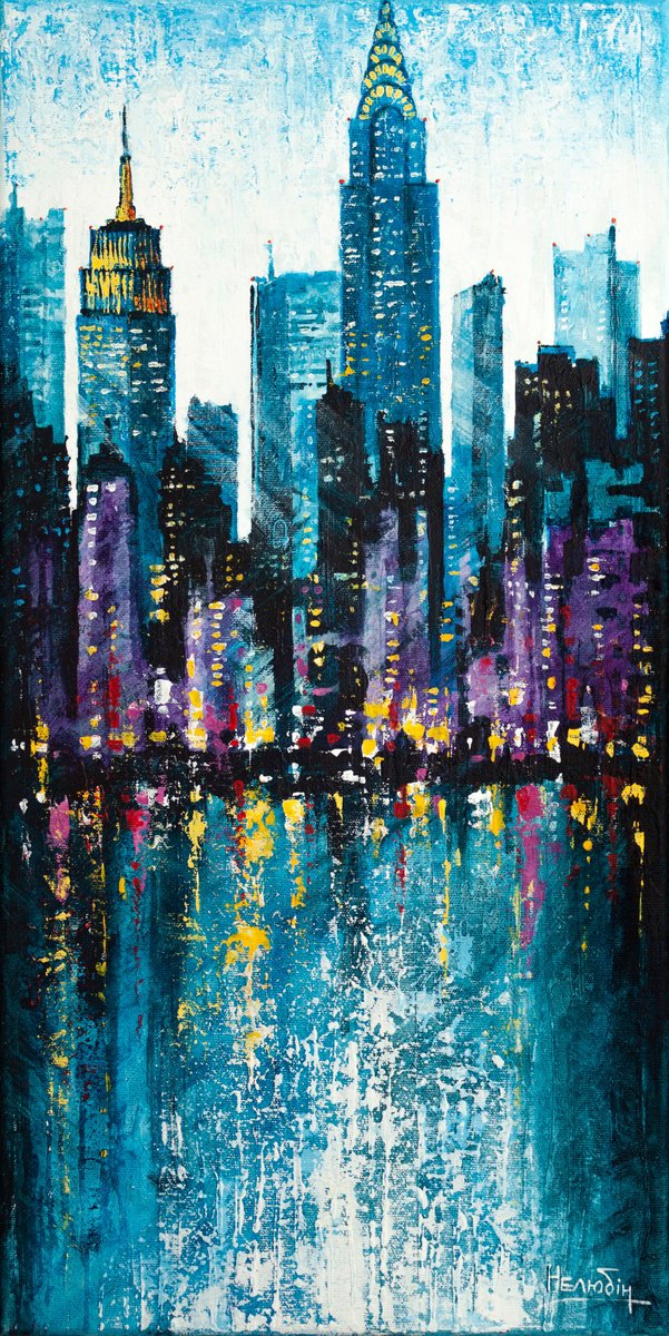 Impressionistic Cityscapes Acrylic Painting By Aleksandr Neliubin, 12 X 24, Evening City, Original Artwork