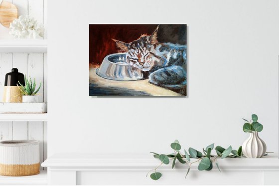Night Watch, Cat Oil Painting Maine Coon Original Art Funny Sleeping Cat Artwork Pet Portrait Wall Art 40x30 cm