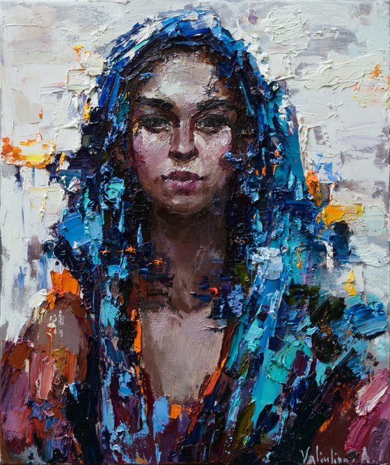 Woman in Blue head scarf - Original oil painting