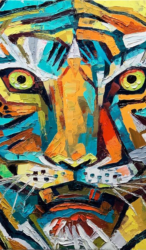 Animal Tiger Painting, Big Cat, ORIGINAL OIl Painting Modern Textured Palette Knife by Lana Guise